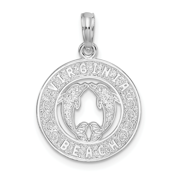 Sterling Silver Polished Virginia Beach with Dolphins Circle Pendant - Picture 1 of 4